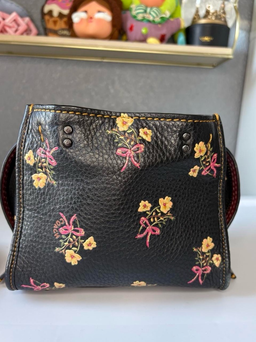 Coach Rogue 17 Black Leather Crossbody with Yellow Floral print